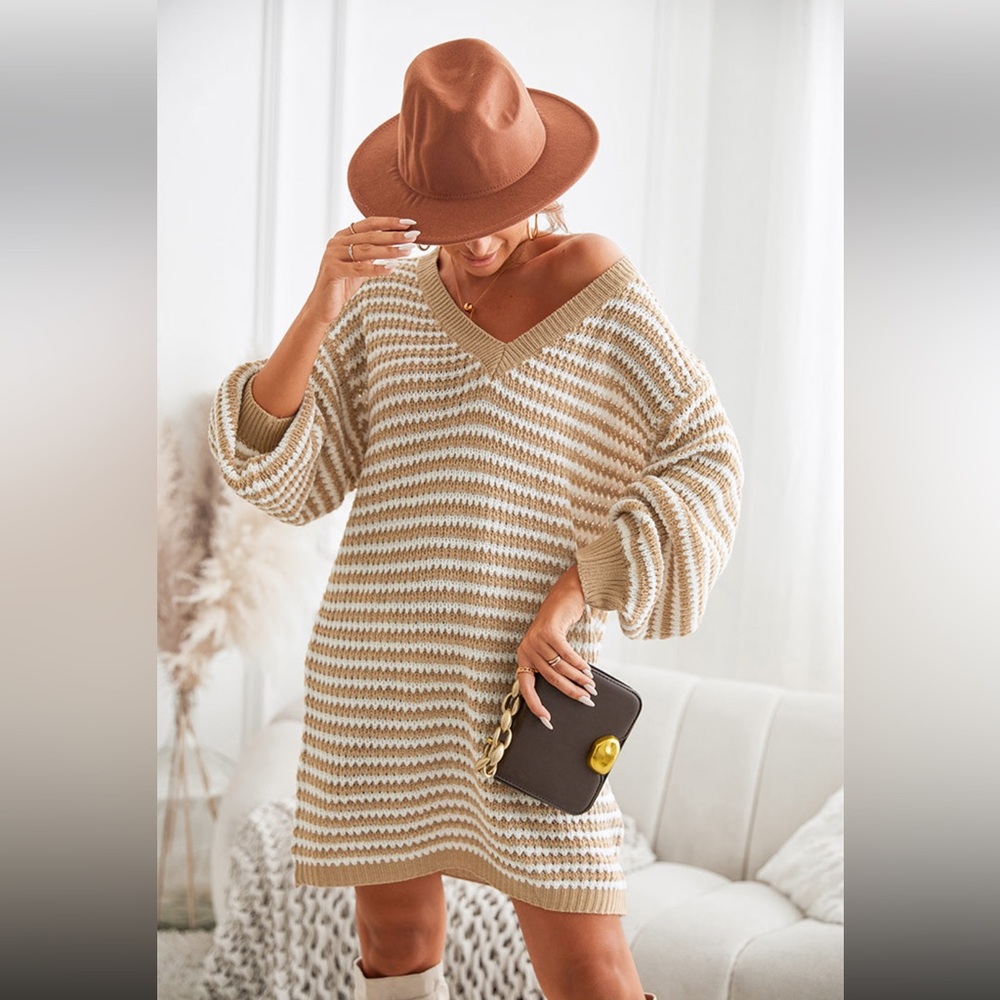 Cupshe Cora Striped V Neck Oversized Knit Sweater Dress Size Med Coastal NWT